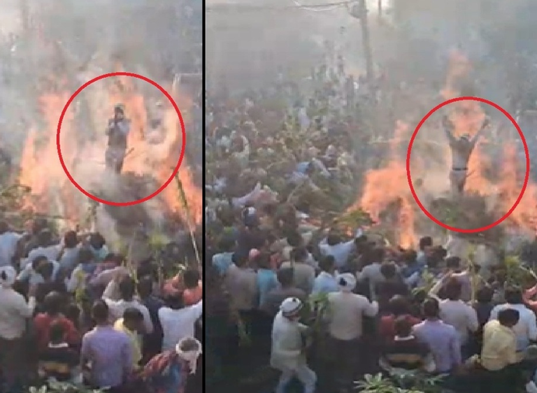 Shocking Incident During Holika Dahan in Sambhal, Man Climbs Onto Burning Fire