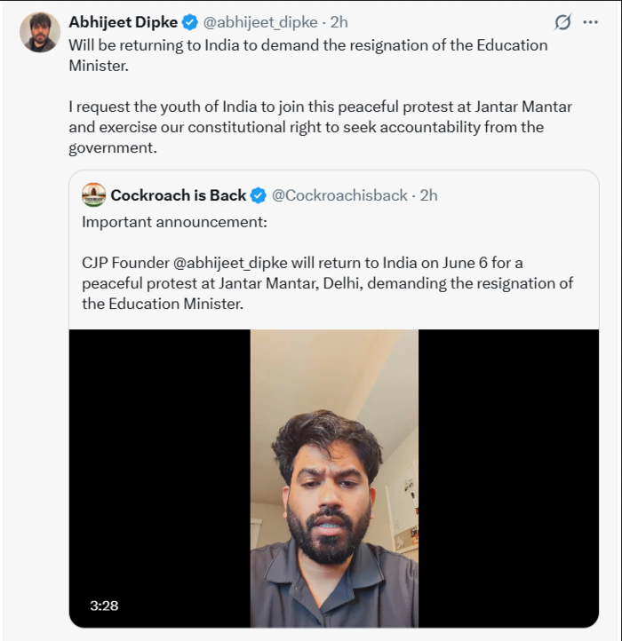 Abhijeet Deepke Announces June 6 Protest in Delhi, Demands Education Minister's Resignation
