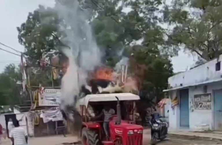 Hay-Laden Tractor Trolley Catches Fire After Contact With Hanging Power Lines