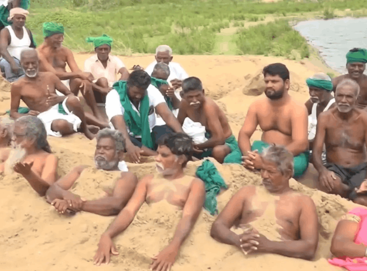 Tamil Nadu Farmers Bury Themselves in Sand, Demand Release of Cauvery Water